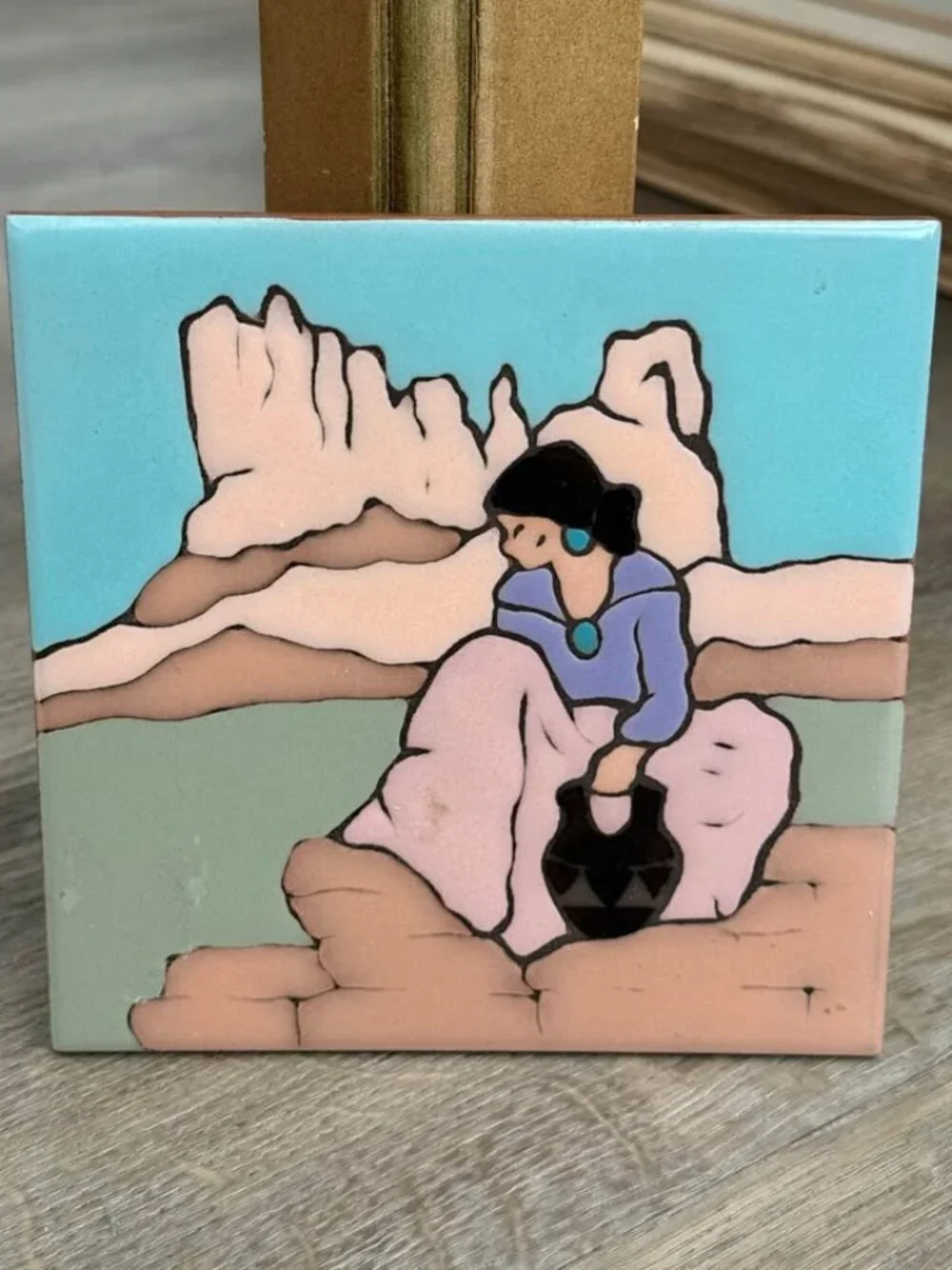Vintage Southwestern Native American Hand Painted Tile by Mag Mor Studios